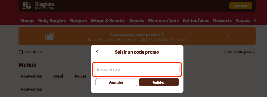 Place pour un code promo Burger King